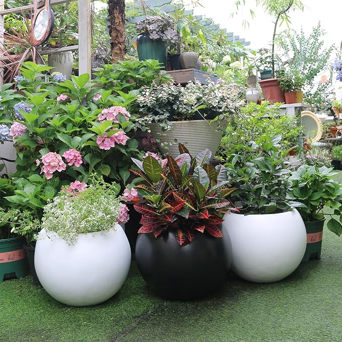 13.5 H x 17" Dia (12" Pot Opening) Black Round Fiberstone Planter with Drainage Hole, Indoor/Outdoor Large Plant Pot for Home Patio Garden, Ideal for Large Plants