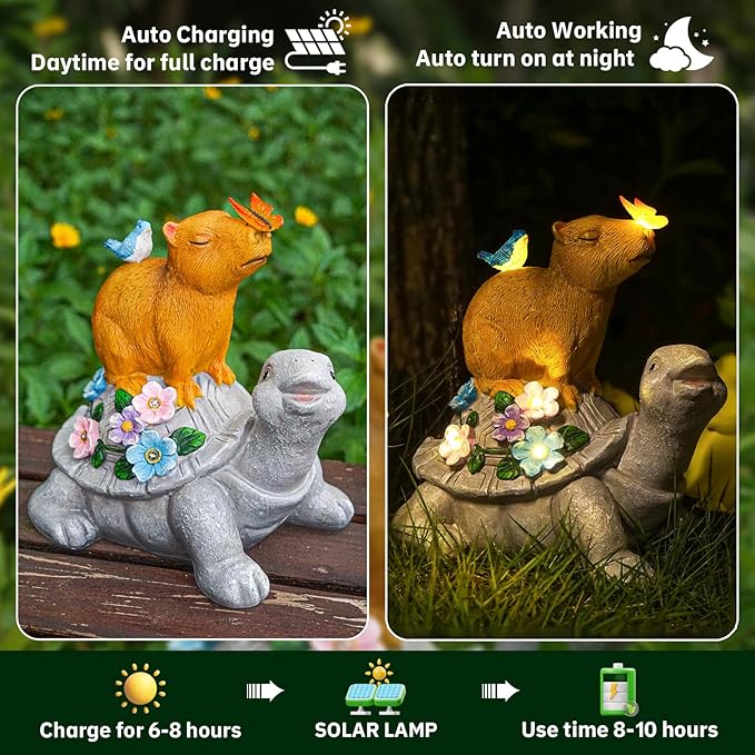 Turtle Gifts for Women, Solor Statue for Garden, Turtle and Capybara Figurine with Lights, Outdoor Decorations for Yard Lawn Patio, Gifts for Mom Grandma Mother in Law Gardener Mother'Day