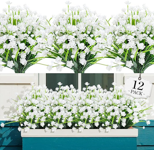 12 Bundles Artificial Flowers for Outdoor,No Fade Fake Plastic Flowers Faux Plants for Decoration Hanging Planters Indoor Outside Garden Porch Window Box Home Wedding Farmhouse