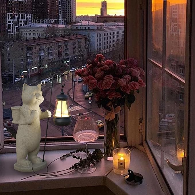 Solar Powered Garden Resin Statue Lights, 10 Inch Waterproof Outdoor Animal Cute Cat Figurine Lights, Suitable for Patios, Balconies, Lawns, Courtyards, Etc.(Basket)