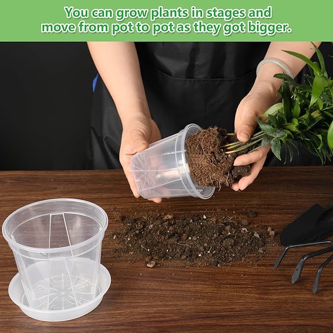 5 Sets 8 Inch Transparent Plastic Garden Pots Planter with Saucer Plant Planter Drainage Hole Plastic Pots for Plants Indoor and Out Door House Plants with 10pcs Plant Labels