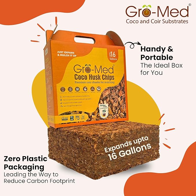Gro-Med Coco Husk Chips Block 10lb Expands Upto 16 Gallons Coconut Chip Substrate, Coco Coir Husk Mulch for Gardening, Indoor, Outdoor Plants Orchid Bark Alternative - OMRI Listed, Low ECB alanced pH