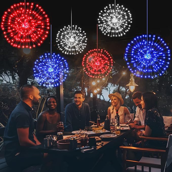 3 Pack 4th of July Lights Decorations 480 LED Remote&Time 8 Light Mode Red White and Blue Firework Lights Battery Operated, American Flag Patriotic Memorial Day Independence Day Outdoor Decor