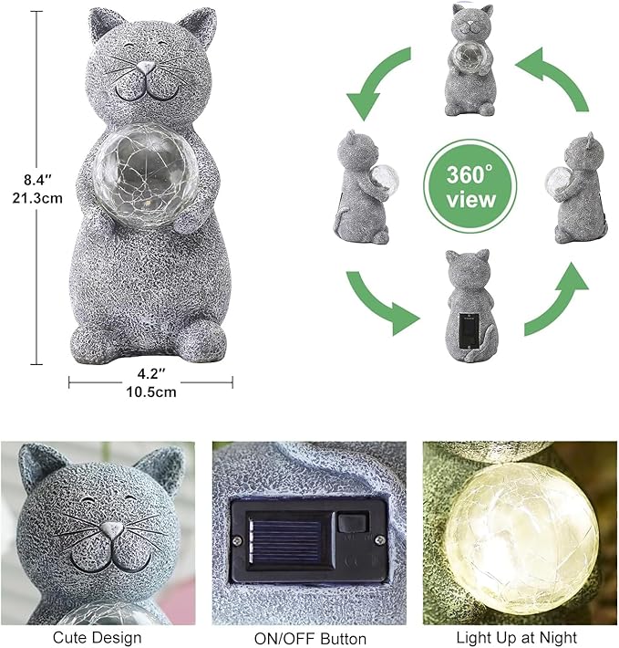 Solar Cat Statue Garden Decor - Cat Lover Gifts, with Gazing Solar LED Lights Ball Cat Decoration for Garden Yard Patio Lawn Balcony - Gifts for Mom Grandma (Gray Cat)