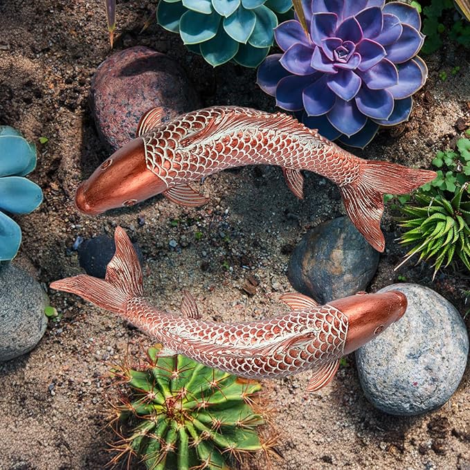 Koi Fish Decor Garden Sculptures & Statues, Outdoor Antique Copper Fish Statues Pond Zen Garden Decor Patio Backyard Lawn Porch Yard Art Decoration, Best Gift for Mother's Day, Set of 2, Large