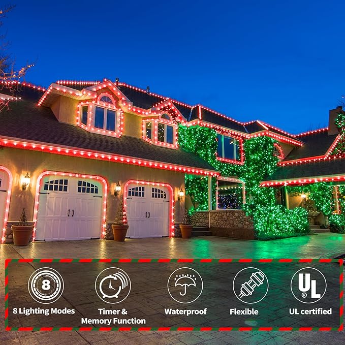 200ft LED Rope Lights Outdoor, 1440 LED Connectable and Flexible Tube Lights with 8 Modes, Waterproof LED Rope Lighting for Garden Patio Pool Bedroom PartyIndoor Outdoor Christmas Decor (Red & Green)