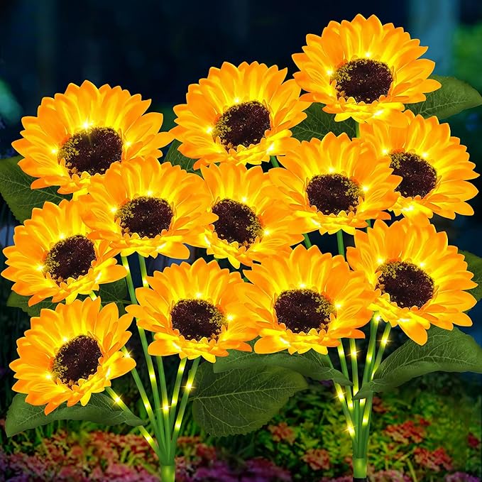 YJFWAL 2 Pack with 12 Solar Sunflower Lights Outdoor Decorative Lights for Garden Gift for Mom and Friends, IP65 Waterproof Sunflower Garden Stake Lights for Yard Patio Lawn Pathway