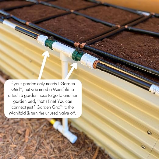 Garden Grid Connection Manifold | Connect Neighboring Garden Grids or Just 1 and/or Daisy-Chain from Manifold to Manifold with Garden Hoses to Connect Many Garden Grids | 16” Height