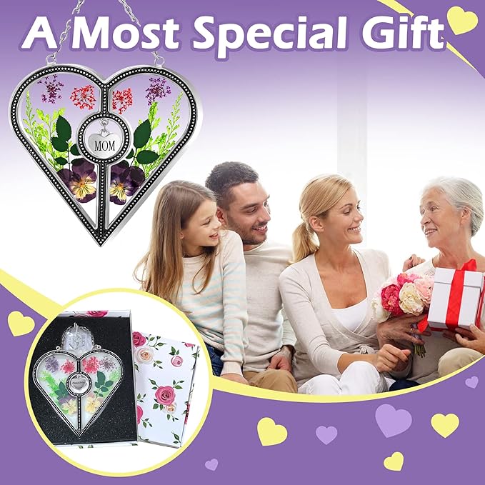 KY&BOSAM Heart Suncatcher Mom Stained Glass for Windows Hangings Wind Chimes with Pressed Flower Heart in Glass with Metal Trim Heart Charm Birthday Gifts for Women Mother`s Day Christams Home Decor