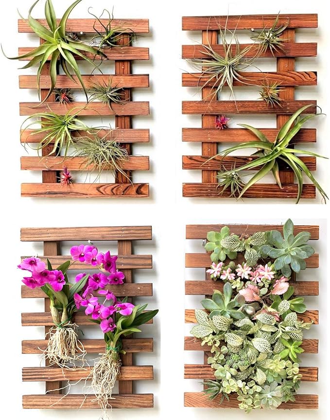 ShopLaLa Wall Planters - 4 Pack Wooden Hanging Planter for Indoor Outdoor Plants, Air Plant Succulent Orchid Holder, Live Vertical Garden Wall Mounted Plant Stand, Wall Christmas Decor 15.7" (40cm)