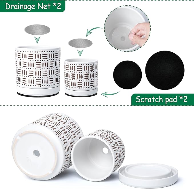 D'vine Dev Set of 2 Ceramic Planter Pots with Drainage Hole and Saucer, 4.5 Inch 6 Inch Plant Pots for Plants Indoor Houseplants, White, 99-F-1