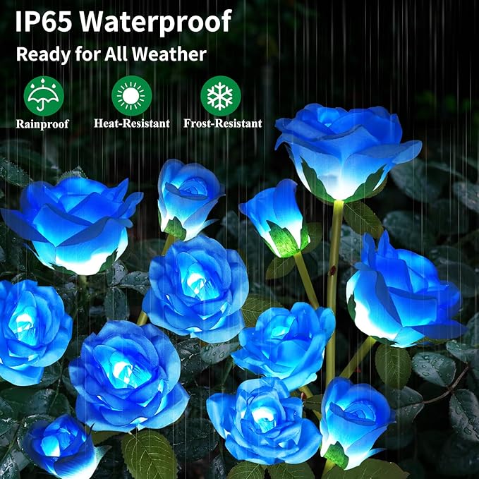 Solar Garden Lights, Solar Outdoor Lights with More Realistic 10 Rose Waterproof Solar Powered Flowers Lights for Outside Patio Yard Pathway Decorations, 2 Pack, Blue