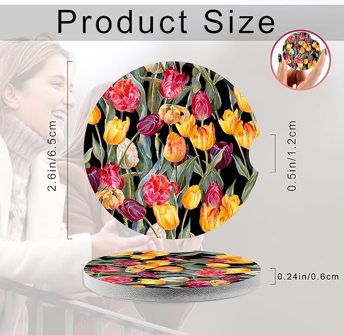 Colorful Tulips Flower Car Coasters,Ceramic Absorbent Cup Holders with Finger Notch & Cork Base Car Assecories for Women/Men 2.6"(2 Pieces)