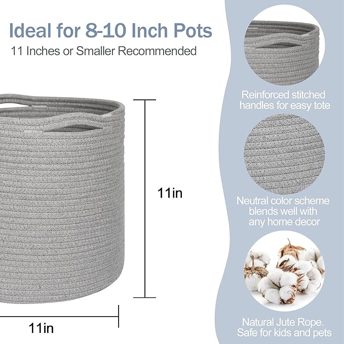 Grey Plant Basket, Woven Basket Planter for 10 inch Pot, Round Indoor Tree Pot Cover, Small Gray Storage Bin Organizer, Decorative Basket for Plants and Home Decor, 11”X11”