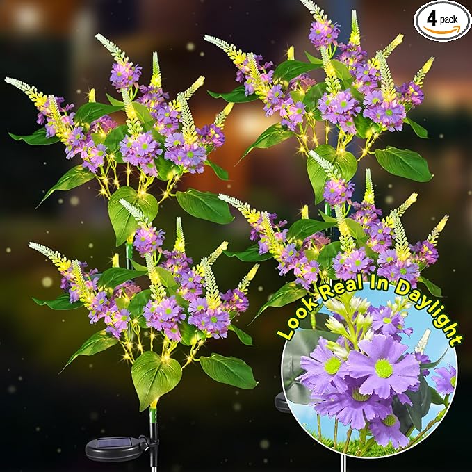Neporal Solar Flowers Outdoor Waterproof Purple, Lilac Garden Solar Lights Decorative 4PK 8-Stem, 2 Lighting Modes, Solar Powered Garden Decor, Solar Yard Decor