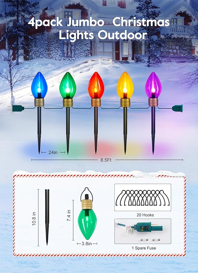 4 Pack Christmas Lights Jumbo C9 Outdoor Lawn Decorations with Pathway Marker Stakes, 10.5Ft C7 Lights Covered Jumbo Glitter Multicolor Bulb for Holiday Outside Yard Garden Decor