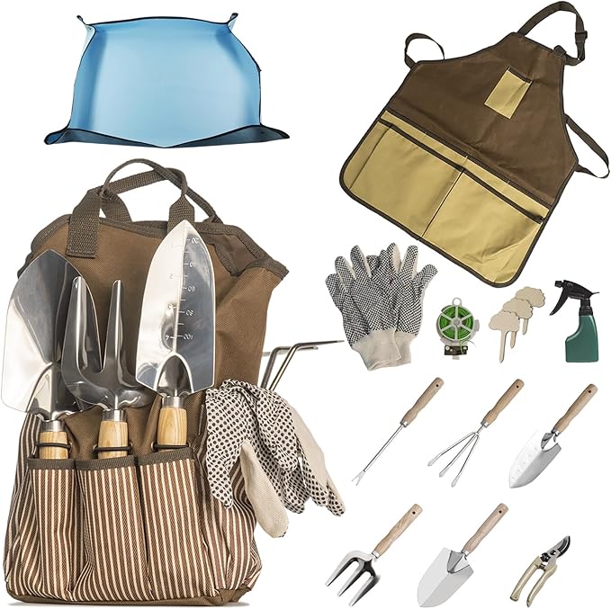13 PCS Garden Tool Set with Wood Handle, Repotting Mat, Gardening Apron, Storage Bag Tote, Gardening Gift for Women