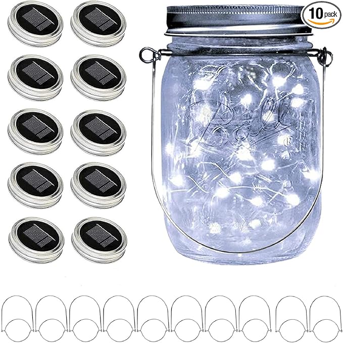 ANGMLN Upgraded Solar Mason Jar Lid Lights, 10 Pack 30 LED Fairy Star Firefly String Lids Lights Including (10 pcs Hangers),for Wedding Patio Garden Party Decorations (No Jars)