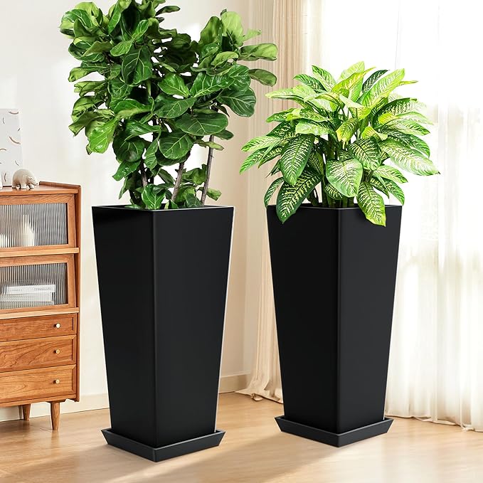 Set of 2 Large Tall Planter for Indoor or Outdoor 24" Tall Flower Pots Tapered Tall Planters with Tray for Porch, Patio, Backyard, Large Planters for Outdoor Indoor Plants(Black)