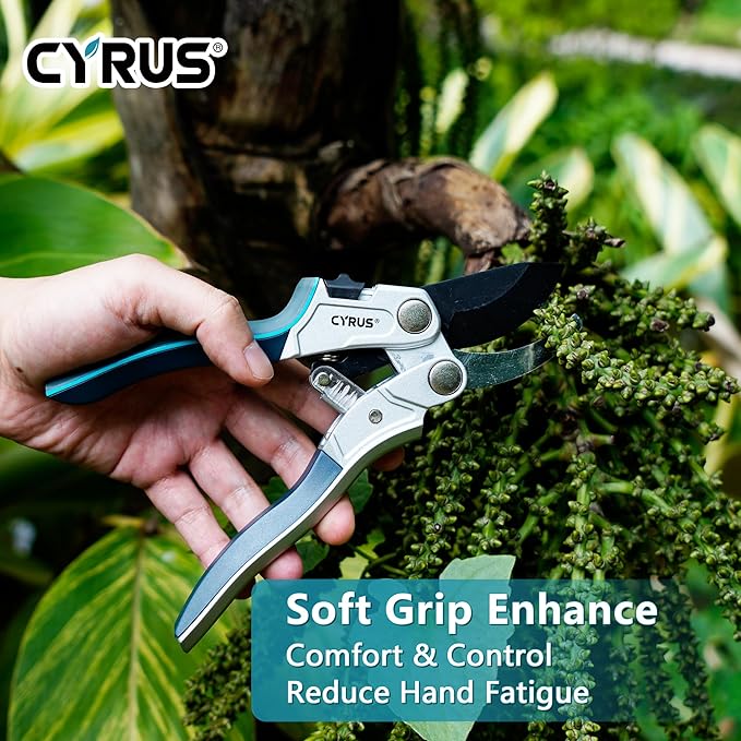 CYRUS Pruning Shears for Gardening 8" Pruners Trimming Scissors Ratchet Wheel Effortless Pruning Non Stick Coating Blade with Anti Slip Handle Scissors Widely Used for Gardening, Hydrology, Grow Tents