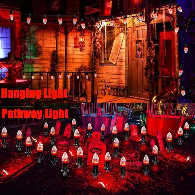 C9 Halloween Pathway Lights Outdoor, 38Ft Halloween Blood Teardrop Pathway String Lights with 25 C9 Flicker Flame Lights, Halloween Decoration Walkway Lights for Outdoor Pathways Gardens and Yards