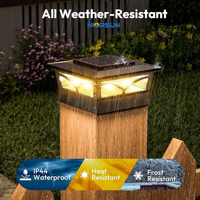 NIORSUN Solar Post Cap Lights Outdoor, 2 Modes LED, Deck Fence Post Solar Lights for 3.5x3.5 4x4 Caps Patio Garden Decoration, Warm White/Cool White Lighting Black 4 Pack