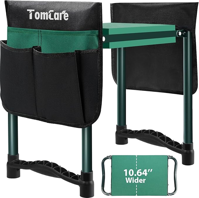 TomCare Garden Kneeler and Seat 10.64” Wider Larger Soft Kneeling Pad Garden Bench with 2 Large Tool Pouches Heavy Duty Garden Stool Foldable Garden Tools Gardening Gifts for Women Men Gardeners