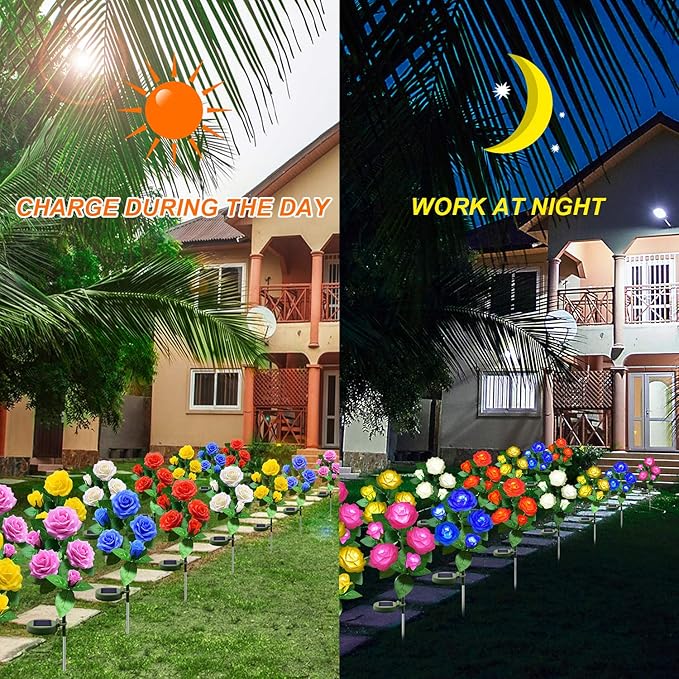 Solar Flower Lights Outdoor - Upgraded New Material Two Modes Realistic LED Solar Powered Waterproof Lights with 5 Roses, Solar Decorative Stake Lights for Garden (Yellow, 1 Pack)
