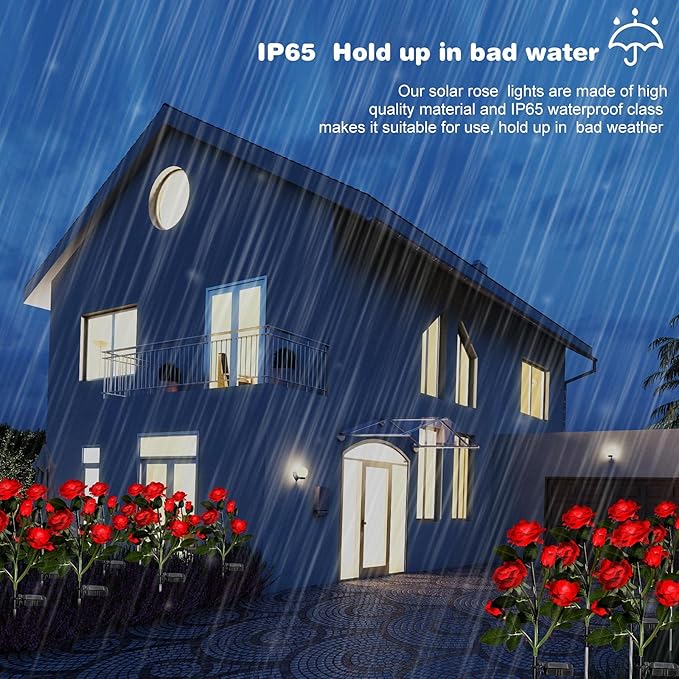 4 Pack Outdoor Solar Flower Lights Waterproof Garden Decorative Lights Outside Solar Powered Pathway Lights with 20 Realistic Rose Flowers for Yard Lawn Pathway Backyard Decor(Red)