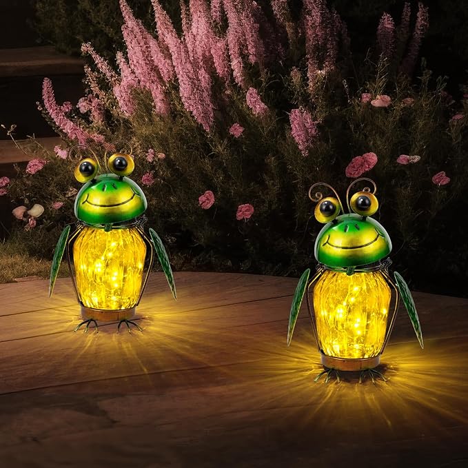 2 Pack Solar Lanterns Outdoor Waterproof Frog Hanging Solar Lantern, LED Glass Jar Outdoor Lanterns, Garden Lantern Lights for Yard Tree Table Xmas Metal Decoration