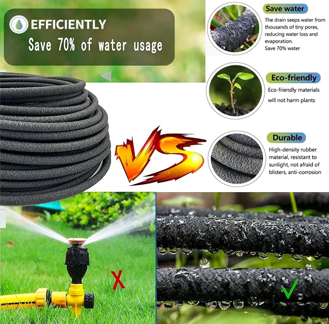 1/4 inch Soaker Hose Tubing for Drip Irrigation, 100FT Garden Beds Soaker Irrigation Tubing Hose with Various Accessories Rubber Longer Lasting Drip Irrigation Save 70% of Water for Garden and Yard