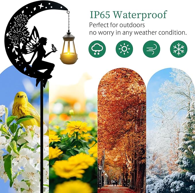 Solar Angel Garden Outdoor Stake Holding Solar Lantern Outdoor Decor Metal Large Angel Sitting Moon Silhouette Stakes for Garden Lawn Patio or Courtyard