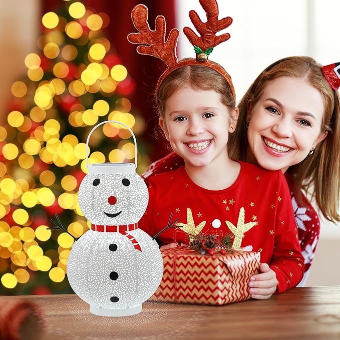 Christmas Decorations Snowman Solar Lantern - Snowman Solar Hanging Lantern Outdoor Waterproof , Metal Standing Solar Powered LED Lantern Decorative Lights for Outside Garden Yard Porch - White