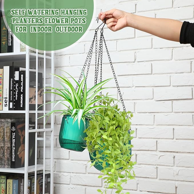 Maxcheck 4 Pcs Self Watering Hanging Planters Indoor 6.5'' 4.5'' Hanging Flower Pots Baskets Outdoor Self Watering Hanging Plant with 3hooks Drainage Holes for Home(Emerald)