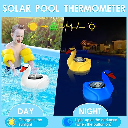 KingSom Digital Pool Thermometer,Solar Pool Thermometer Floating Easy Read with Color Changing Swan Light,Floating Pool Thermometer with Large LCD Screen and String,Pond Water Temperature Thermometer