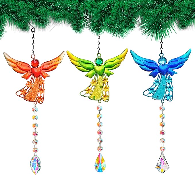 Set of 3 Guardian Angel Suncatchers, Crystal Angel Sun Catcher for Windows Hanging, Stained Glass Angel Ornament for Outdoor Christmas Decor