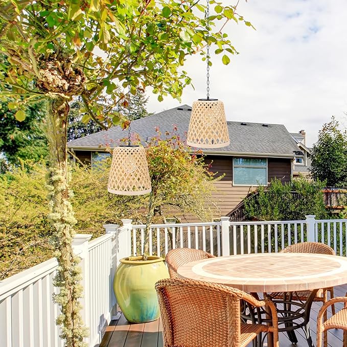 pearlstar Solar Hanging Lanterns Outdoor Gazebo Lights Rattan Woven Chandelier Solar Lamp Waterproof Outside for Porch Garden Patio Yard Farmhouse Decoration, 2Pack