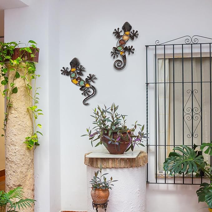 LIFFY Metal Gecko Wall Decor Large 2 Pack, Outdoor Lizard Wall Art, Metal Lizards Wall Decor, Gecko Metal Wall Art for Home Garden Yard Fence(15inch)