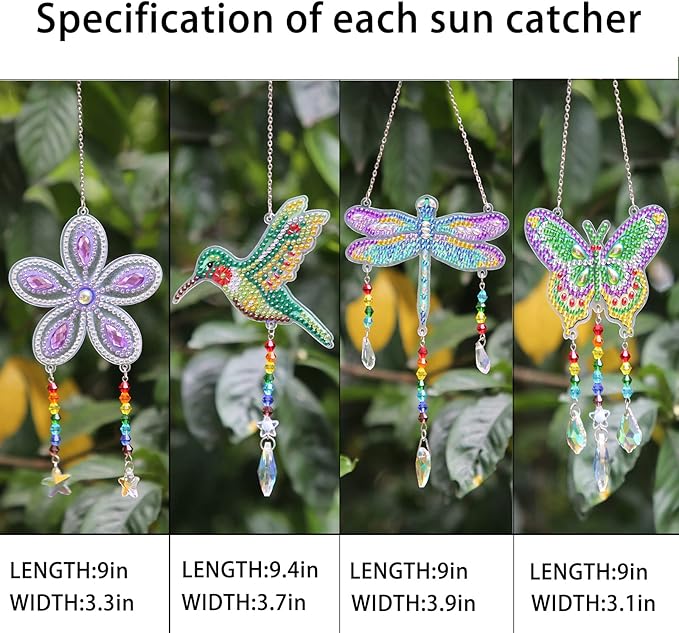 Bingcute Diamond Art Painting Suncatchers, 4 pcs Sun Catchers Diamond Art Painting Kits for Kids DIY Crafts for Adults Hummingbird Prism Crystal Suncatchers Wind Chime Windows Garden Decorations