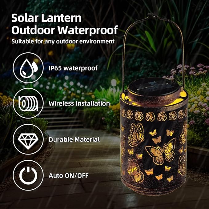 Solar Lanterns Outdoor Waterproof Butterfly Metal Garden Lights, Hanging Decor for Patio, Yard, Fence, Porch, Pathway, Gifts for Women, Mom, Grandma, Unique Mother’s Day