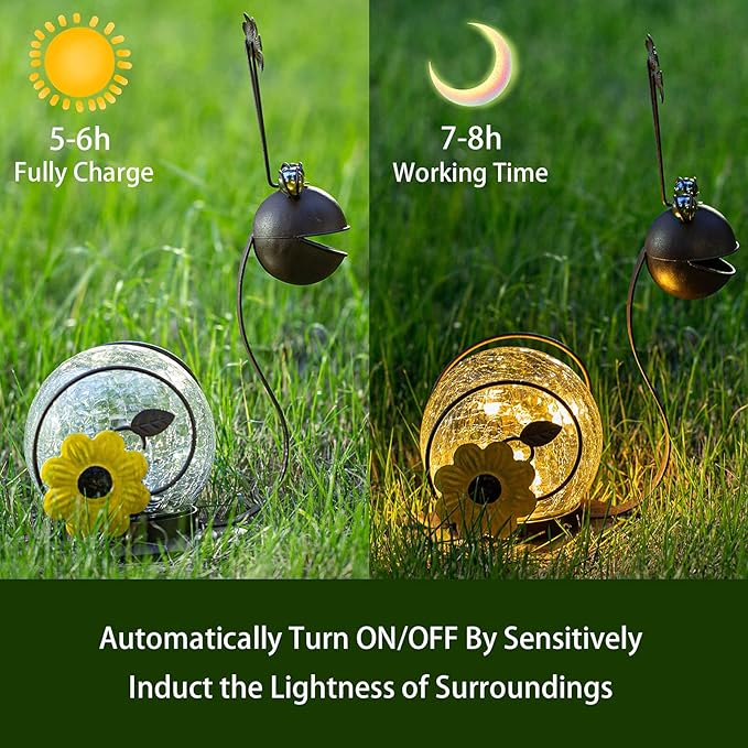 Solar Snail Garden Lights - 2 Pack Cracked Glass, Warm White Metal, Waterproof for Patio Yard Lawn