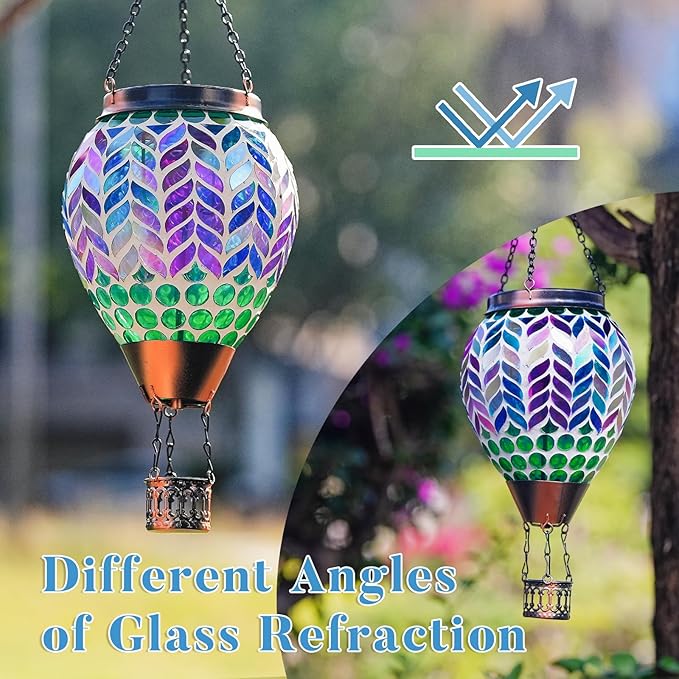 Mosaic Hot Air Balloon Solar Lanterns Outdoor Waterproof, Colorful Glass Solar Hanging Lantern Lights for Garden Patio Yard Gifts for Women Mom Grandma