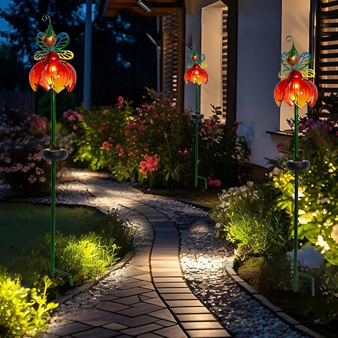VCUTEKA Solar Garden Lights Metal Flower Decor Colorful Fairy Flowers Solar Pathway Light with LED Cracked Crystal Ball Outdoor Decorative Stake for Patio Yard Lawn