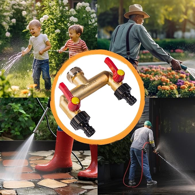 Brass garden hose splitter,、2 way hose splitter with 2 Extension Handles, GHT 3/4”Outdoor Faucet Diverter for irrigation system with extra 1 Filter Rubber Washers 2 Quick Connectors 1 Tape