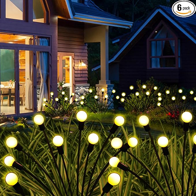 Solar Garden Lights Outdoor, 6 Pack 60 LED Solar Firefly Lights Waterproof, Sway by Wind, Solar Swaying Light for Yard Patio Backyard Garden Planter Flower Bed Pathway Outdoor Decoration (Warm White)