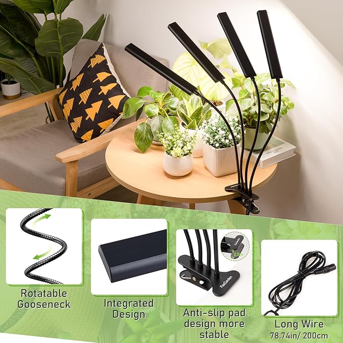 FOXGARDEN® Grow Lights Full Spectrum, Four-Head Plant Lights for Indoor Growing with Flexible Gooseneck, 208 LEDs Clip Grow Lamp with 4/8/12H Timer, 4 Brightness Levels, Ideal for Indoor Growth