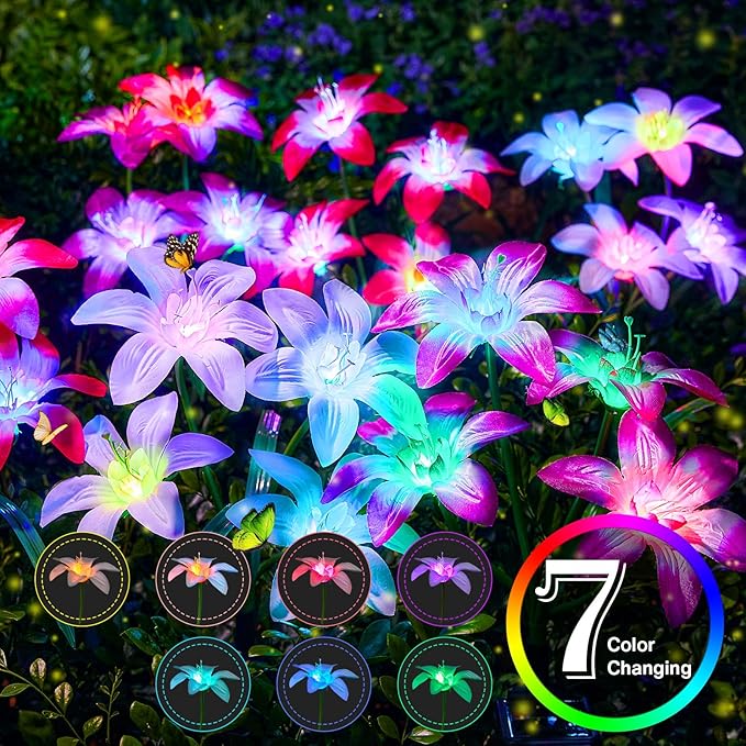 Solar Garden Lights Outdoor, 6 Pack Blooming Lily Solar Flowers Outdoor Waterproof, 7 Color Changing Bigger Solar Flower Lights for Yard Patio Outside Decorative Mom Gifts