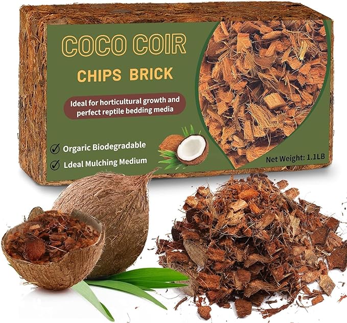 Coco Chips Substrate 1.1 LB, Organic Coconut Husk Brick with Low EC and pH Balanced, Easy to Expand Coco Coir Mulch Medium for Garden Flowers & Reptile Bedding (1 Pcs)
