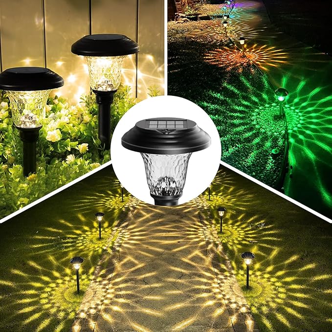8 Pack 3 Mode Solar Pathway Lights for Outdoor Color Changing/Warm White/Bright White Waterproof Garden Stainless Steel Landscape Path Lighting Walkway Yard Lights Glass LED RGB Black