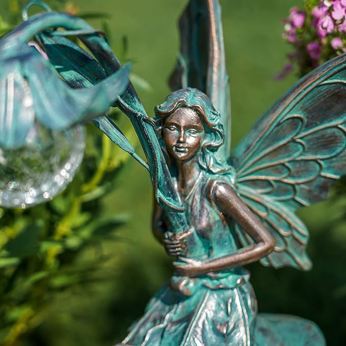 TERESA'S COLLECTIONS Garden Statues Fairy Sculptures & Statues, Outdoor Solar Light Garden Decor Resin Patina Bronze Figurines for Outdoor Decor, Valentines Decorations Gifts for Women Mom, 13.8''